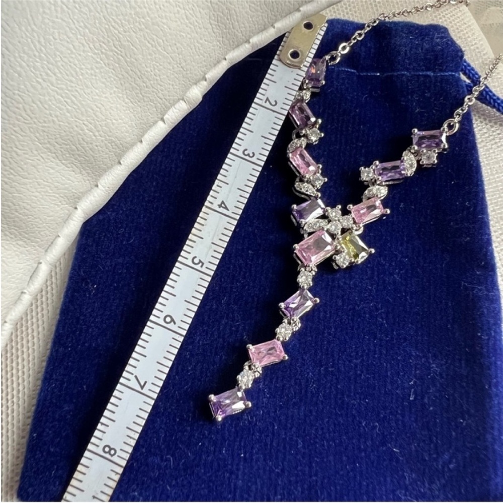 Swarovski Elements Platinum Multicolor Pink & Purple Gem Geometric Necklace NEW - Picture 12 of 13